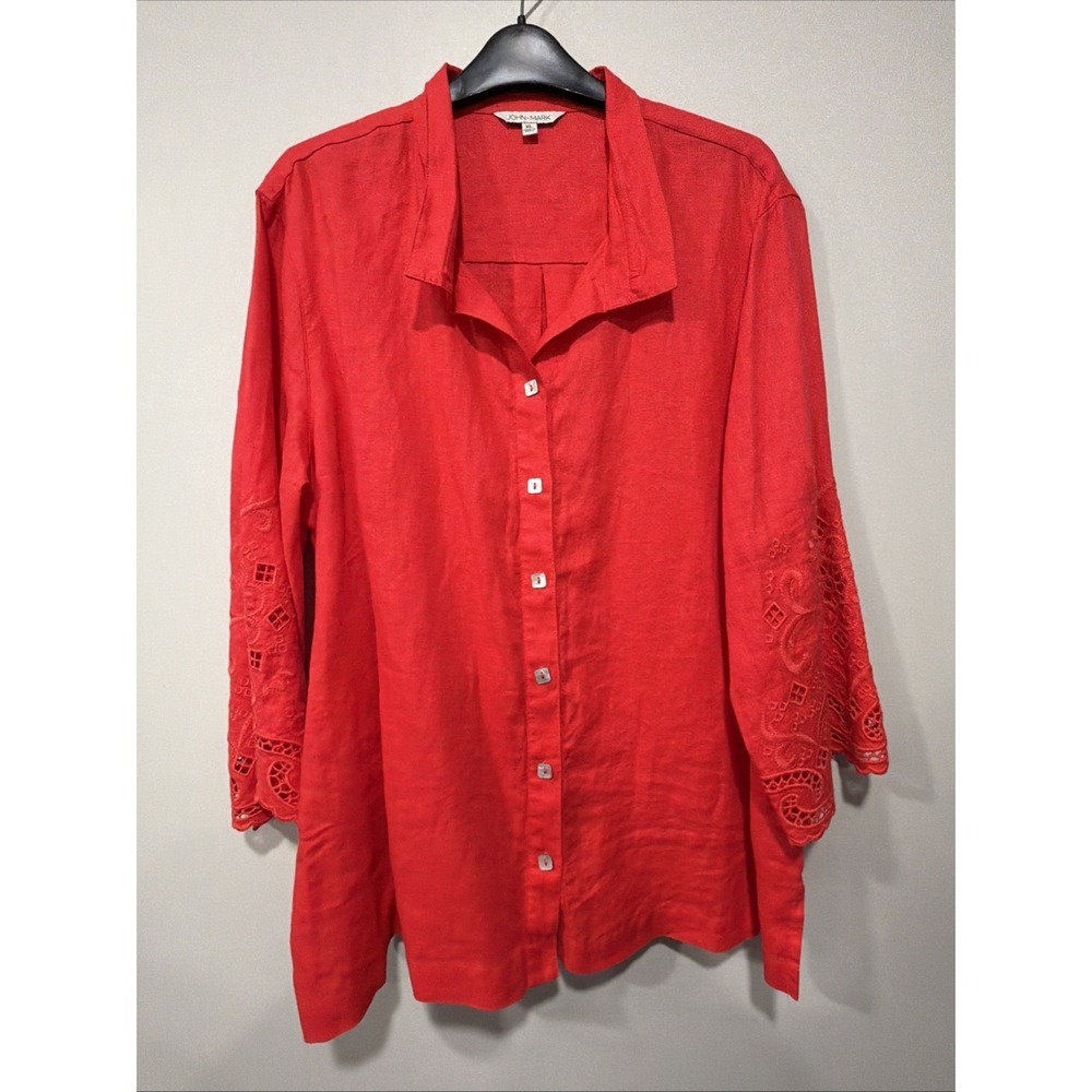 John Mark NWT XL Red 100% Linen 3/4 Bell Sleeve Embroidered Cuffs Tunic Top
